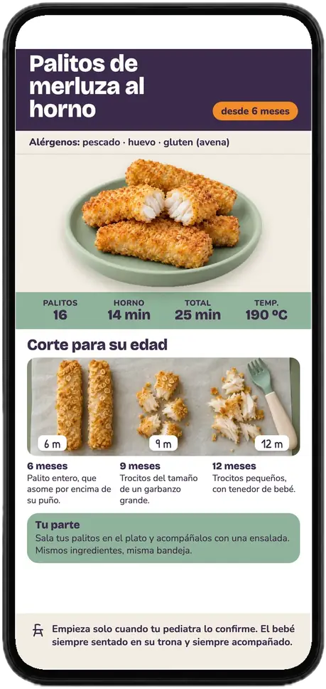 Página de la receta de palitos de merluza abierta en un móvil: alérgenos, tiempos, ºC y el corte para 6, 9 y 12 meses